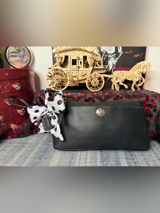 Coach Handbags - Coach Black Pebbled Leather Wristlet w Polka Dot Scarf